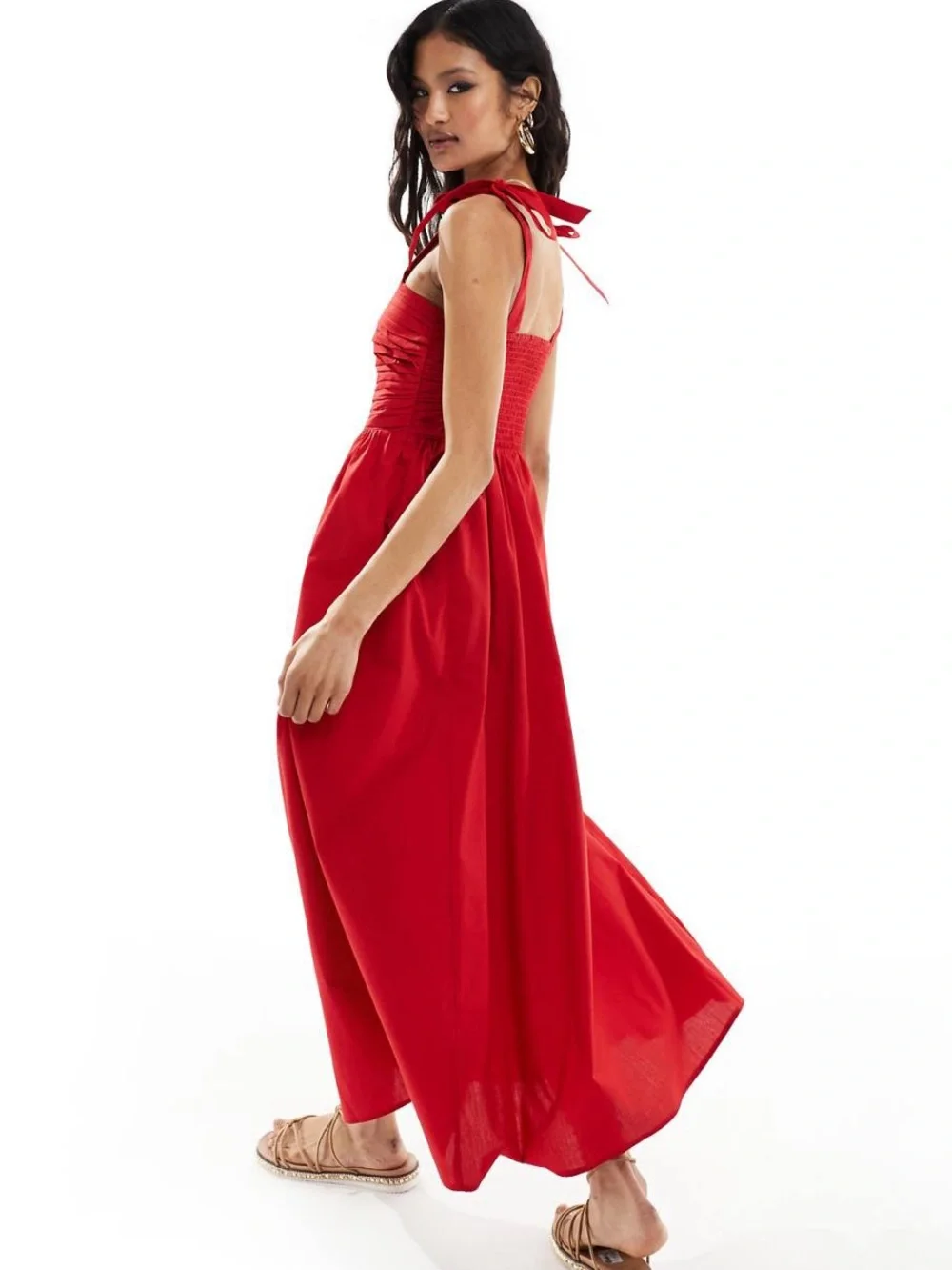 Abercrombie & Fitch Emerson Tie Strap Maxi Dress Red Salsa L Large Cotton Blend
